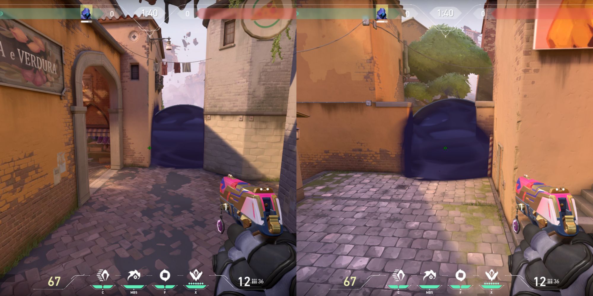 A smoke lineup on B Mid and Spawn on the Valorant map Ascent
