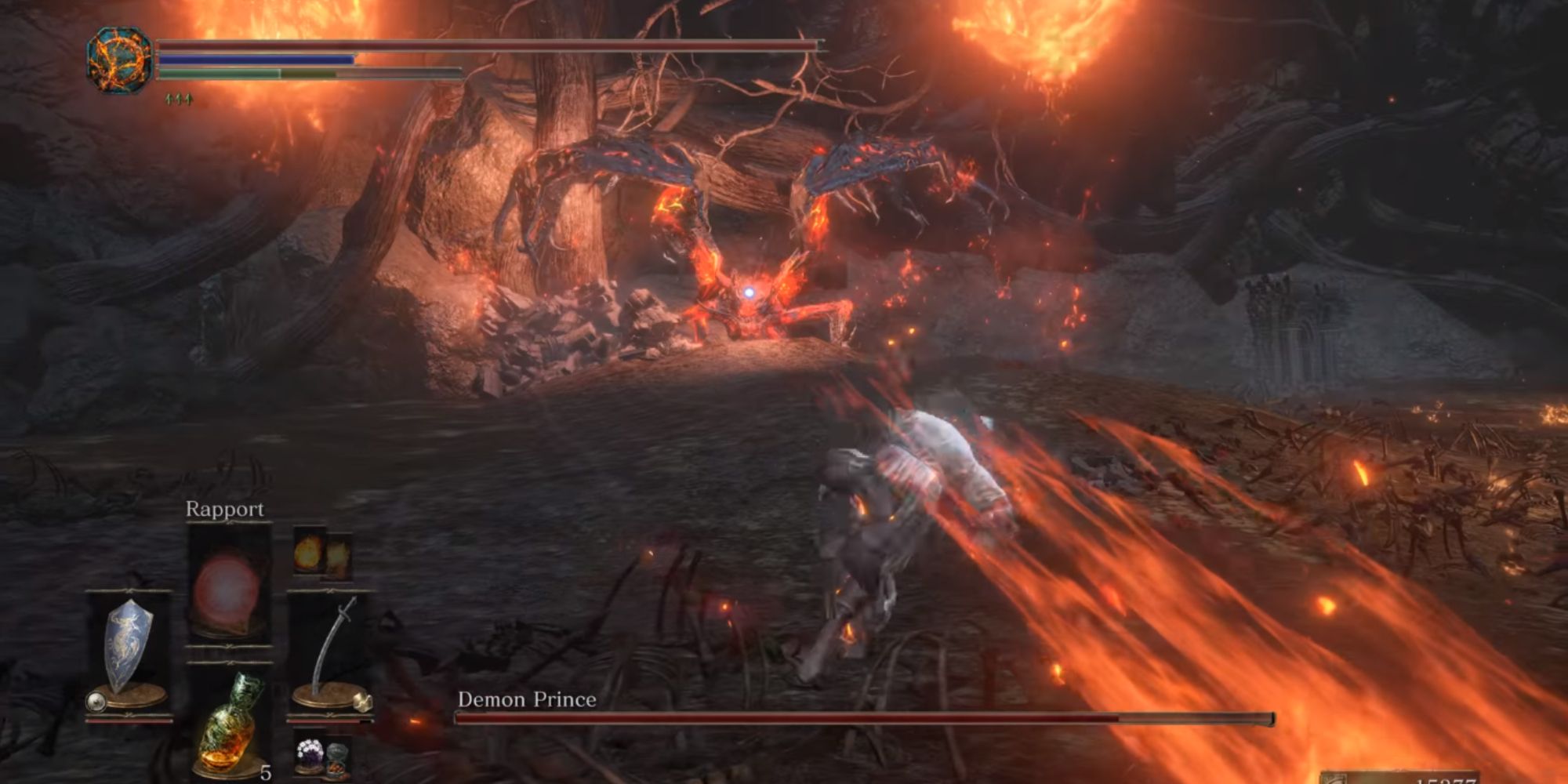The player rolling away from the fireballs.