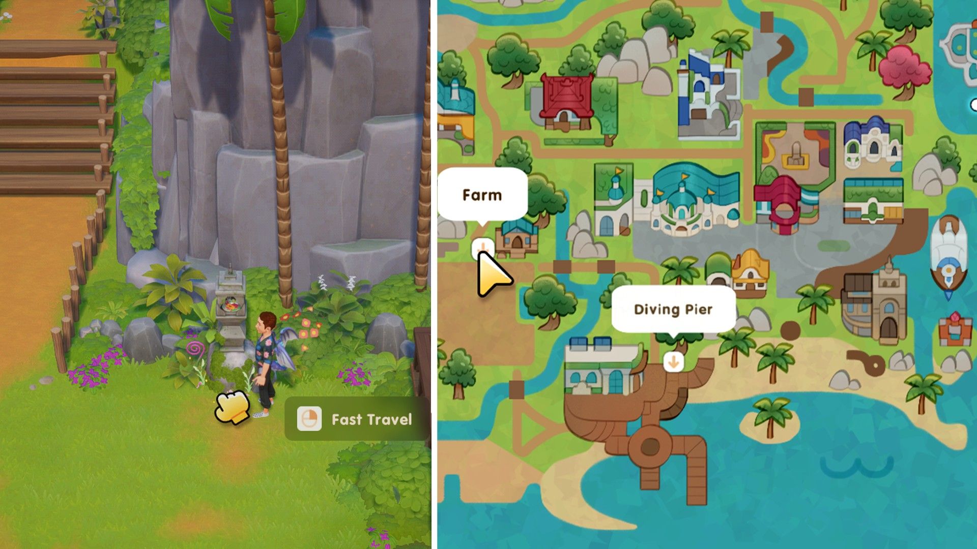The farmer interacts with a fast travel post and selects an area from the map in Coral Island
