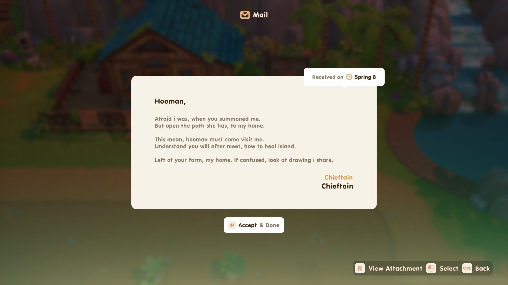 The Cheiftain leaves you a letter to find and talk to him after a spooky dream you have in Coral Island