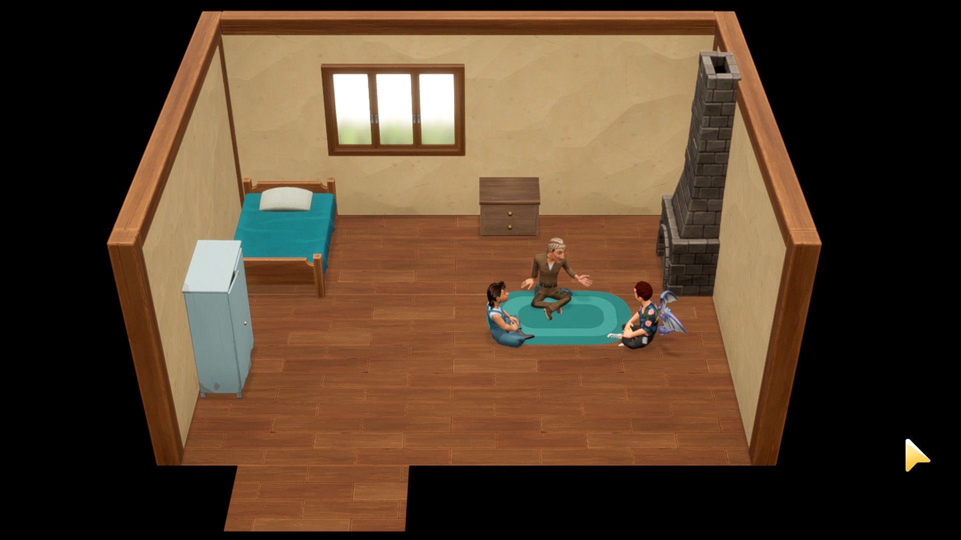 The carpenters sitting with the Farmer in their newly-reconstructed house in Coral Island