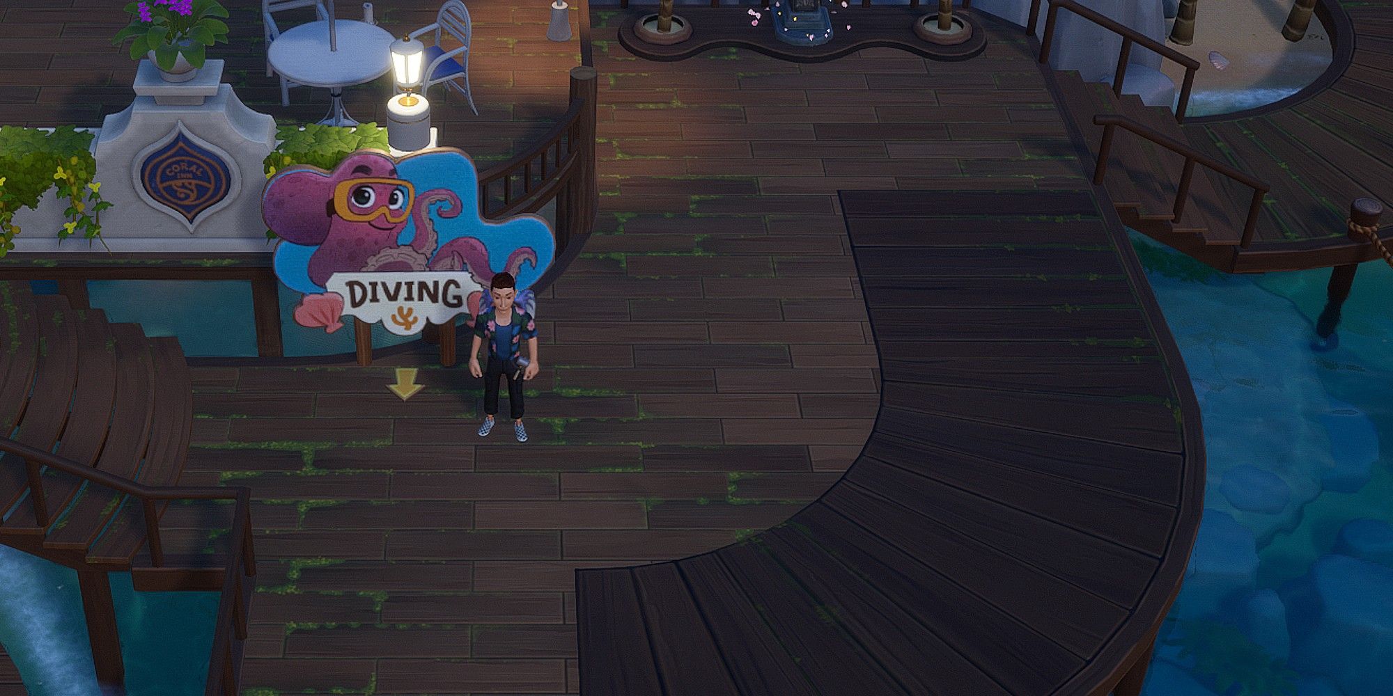 The Farmer stands by the Diving sign leading to the diving pier in Coral Island