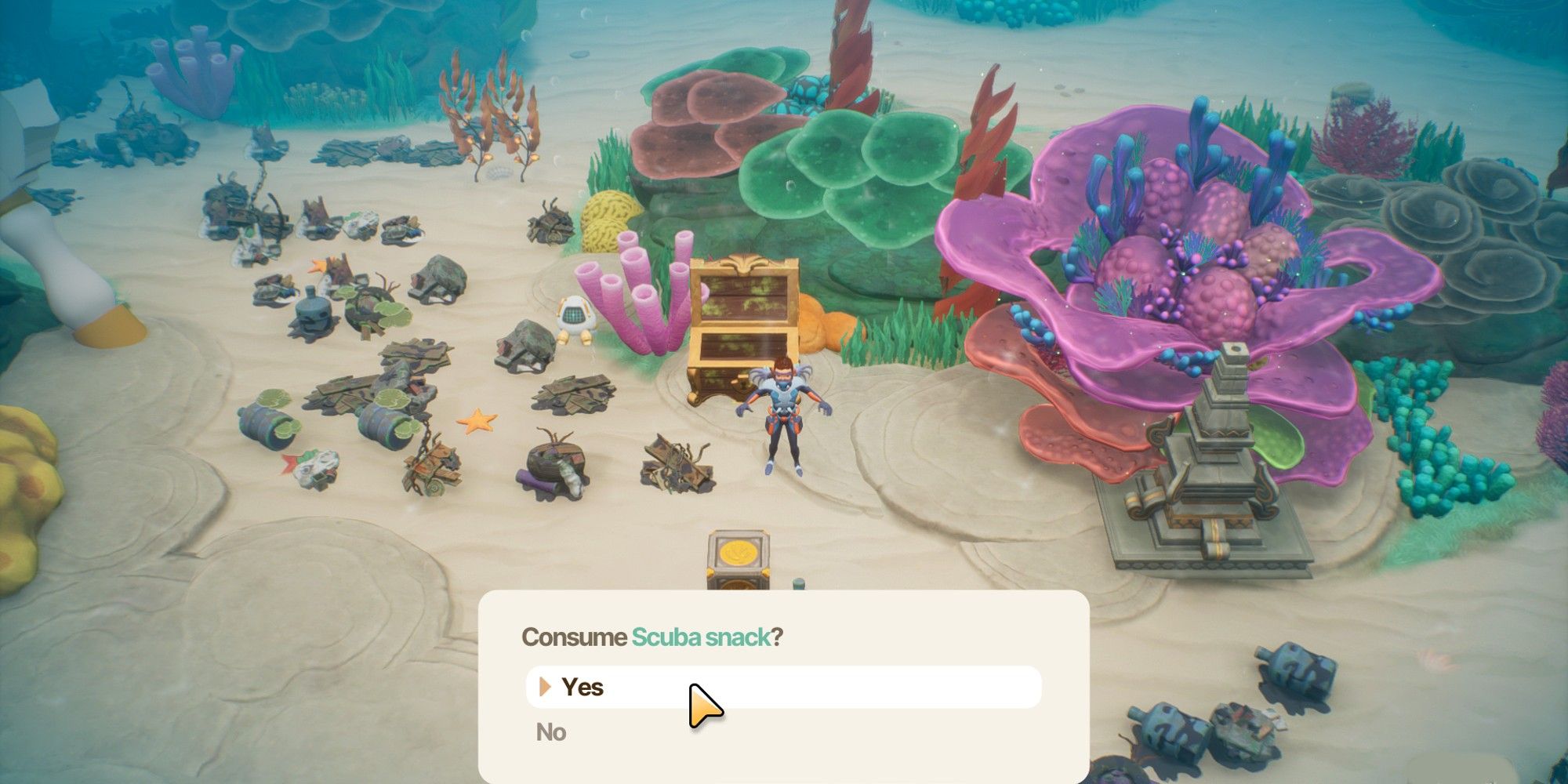The farmer eats a scuba snack to boost their stamina whilst diving in Coral Island