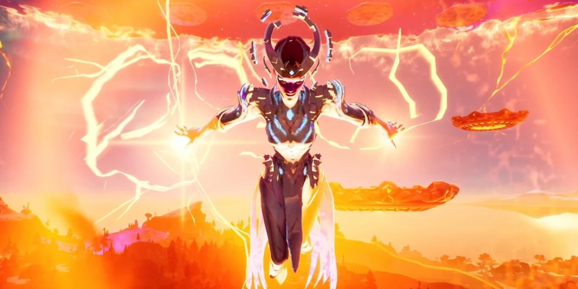 The Cube Queen flies through an orange energy field while commanding her army in Fortnite.