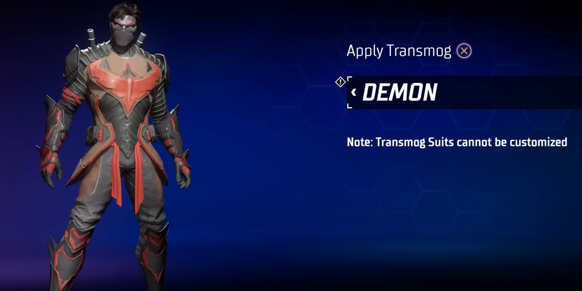 Gotham Knights: Nightwing Demon Costume with blue background and info text