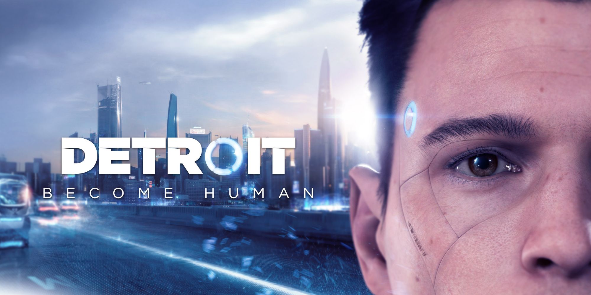 Detroit Become Human Cover Art with the name, skyline of the city, and a cut-off of detective android Connor.