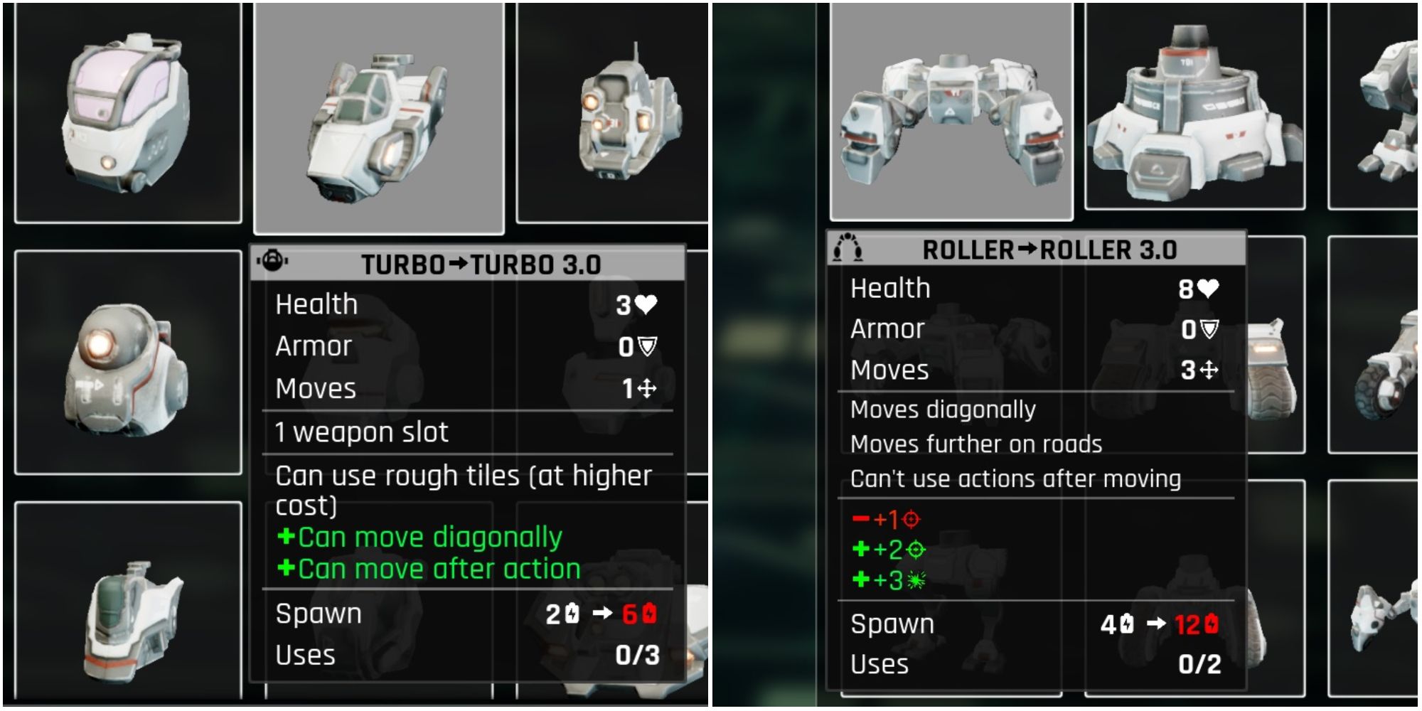 Two options for moving diagonally, the Turbo body and the Roller transports