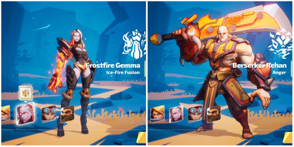 A collage of Frostfire Gemma and Berserker Rehan on the character select screen in Torchlight: Infinite.