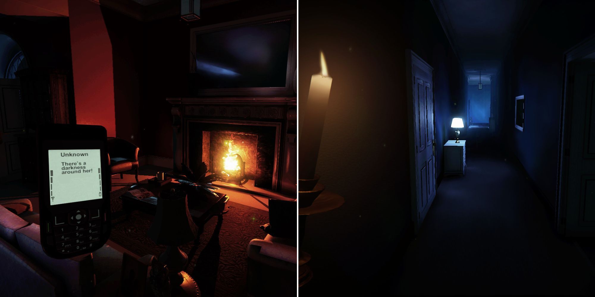 The player receiving a text near a fireplace and a dark hallway lit by candlelight in Don't Knock Twice