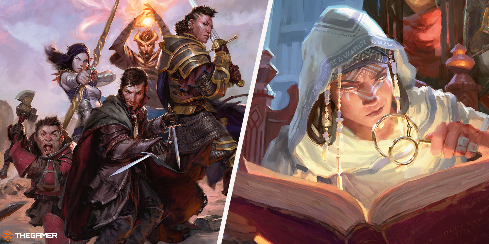 Dungeons and Dragons official art - party of players (left), woman examining a book (right)