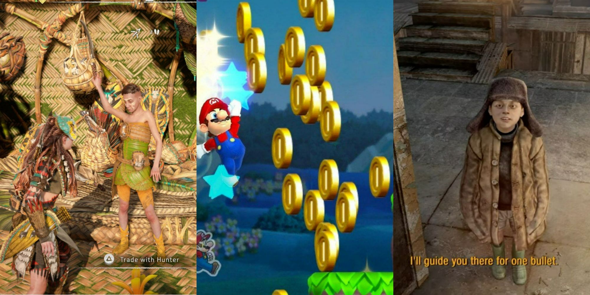 Split image of Alloy and hunter, Mario and Coins, and boy from Metro 2033 