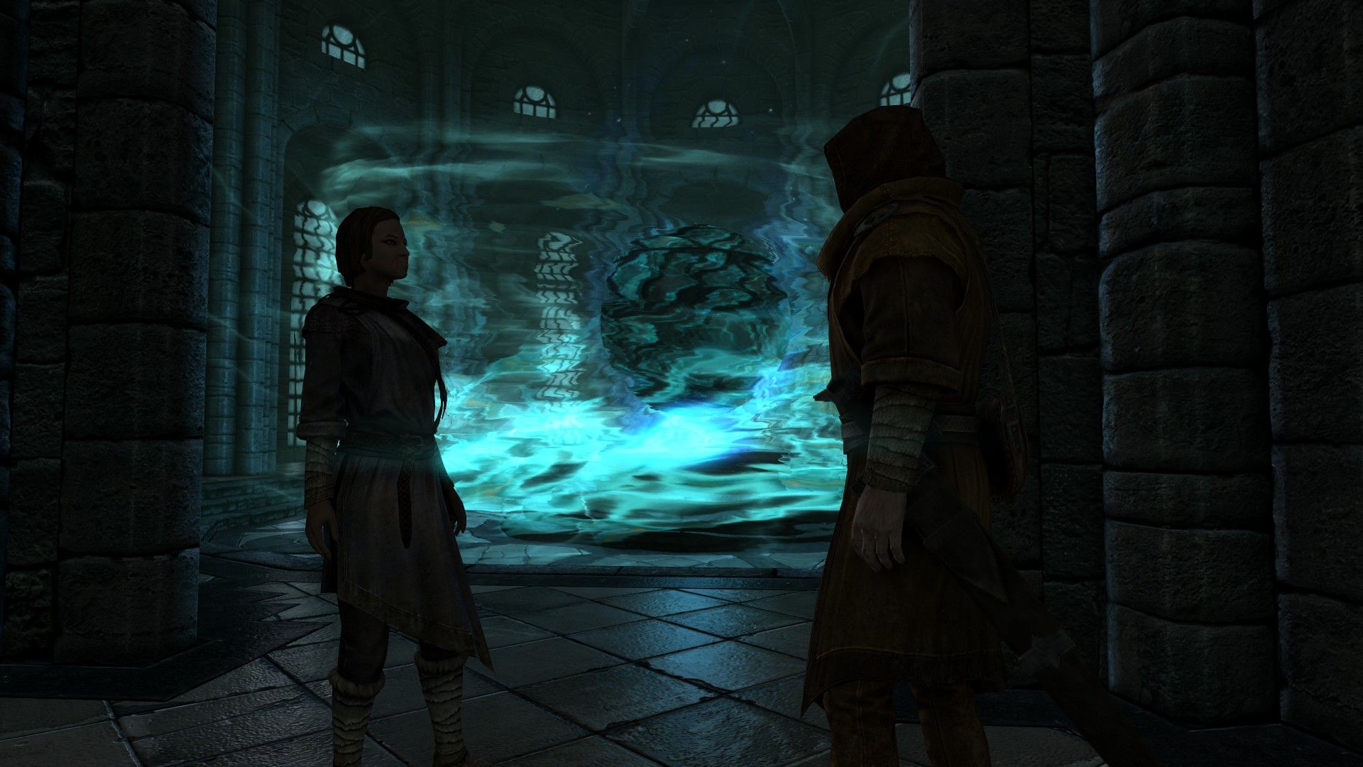 A pair of mages speak in front of a swirling magical artifact in a dark room.