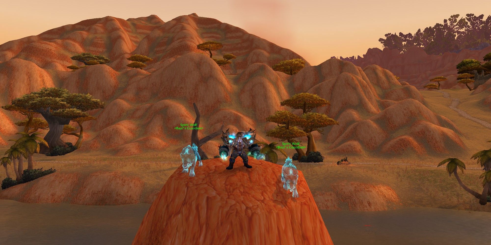 World of Warcraft Enhancement shaman with spirit wolves in barrens
