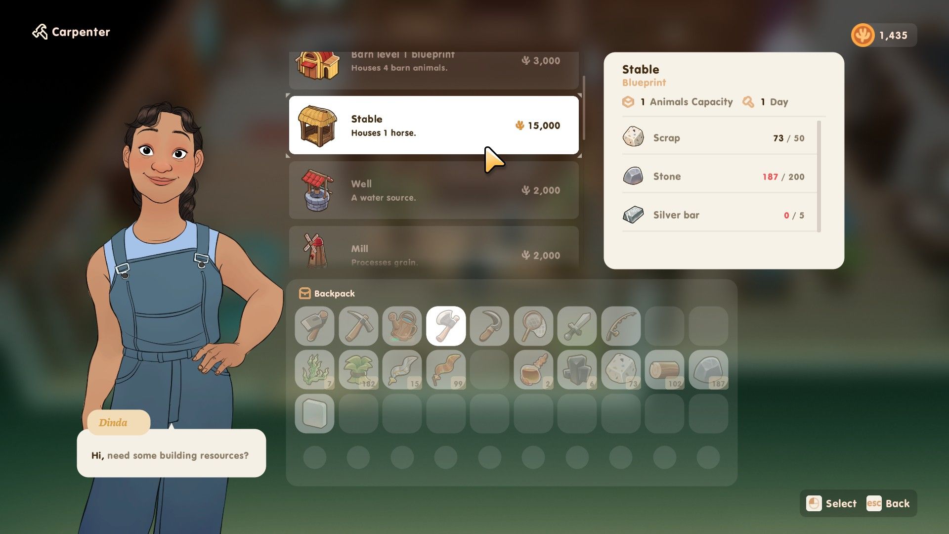The Carpenter can add new buildings to your farm if you want to start ranching in Coral Island
