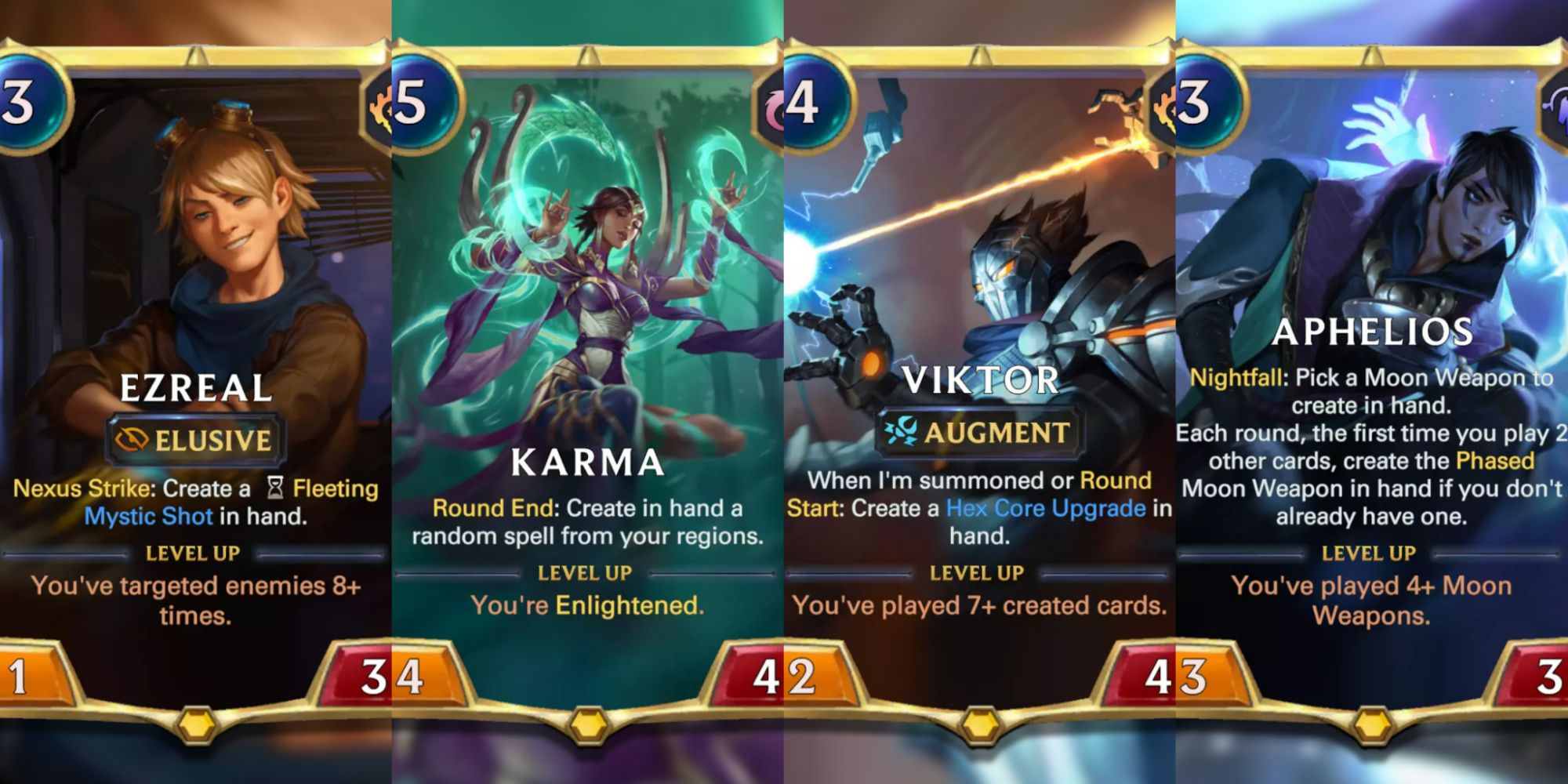 Legends of Runeterra split image of Ezreal, Karma, Viktor, Aphelios champion cards 