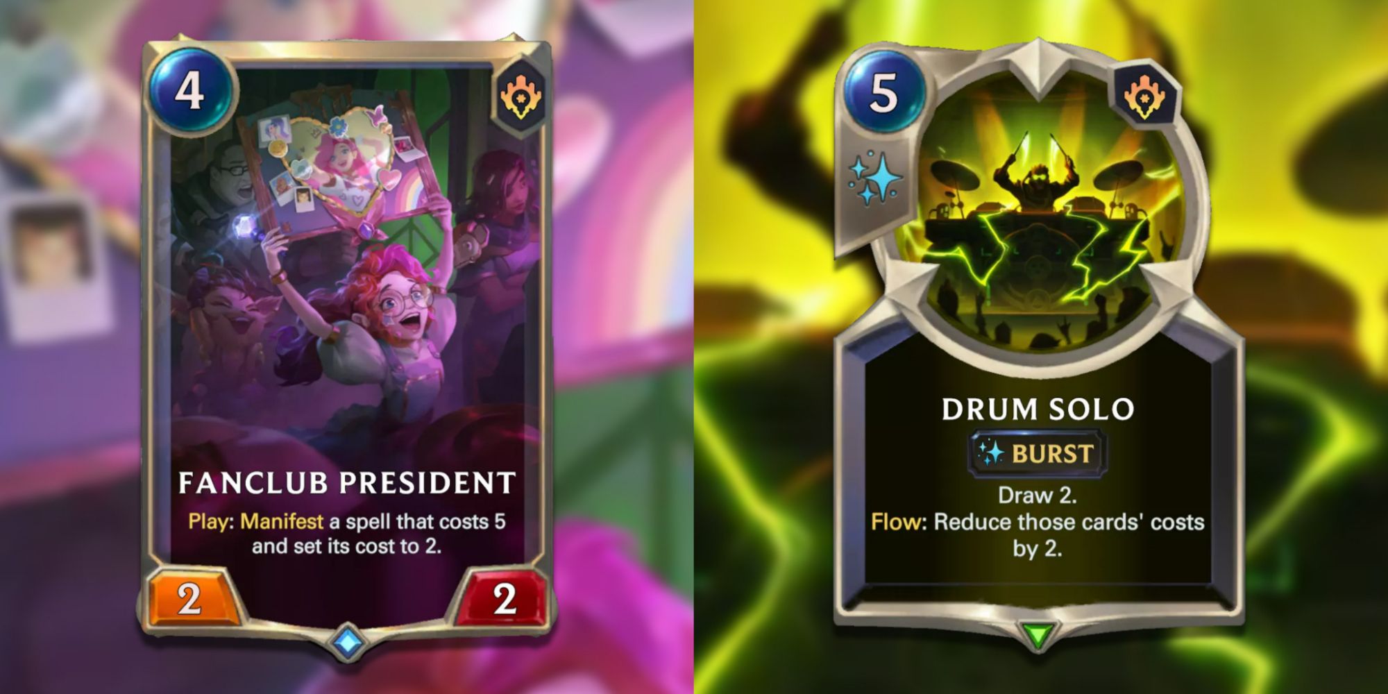 Legends of Runeterra split image of Fanclub president and drum solo cards 