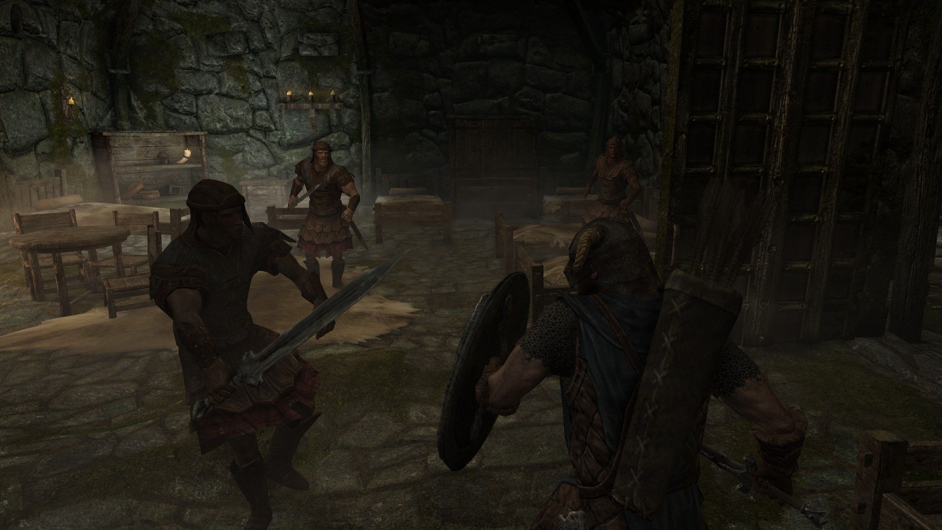 Medieval soldiers fight inside an ancient stone fortress