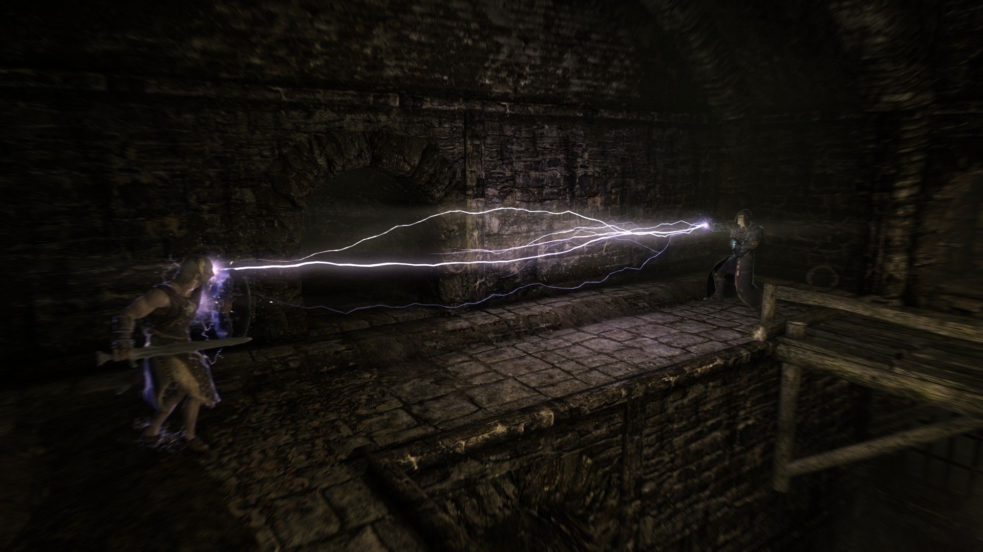 A man takes a lightning strike from a mage in an underground tunnel