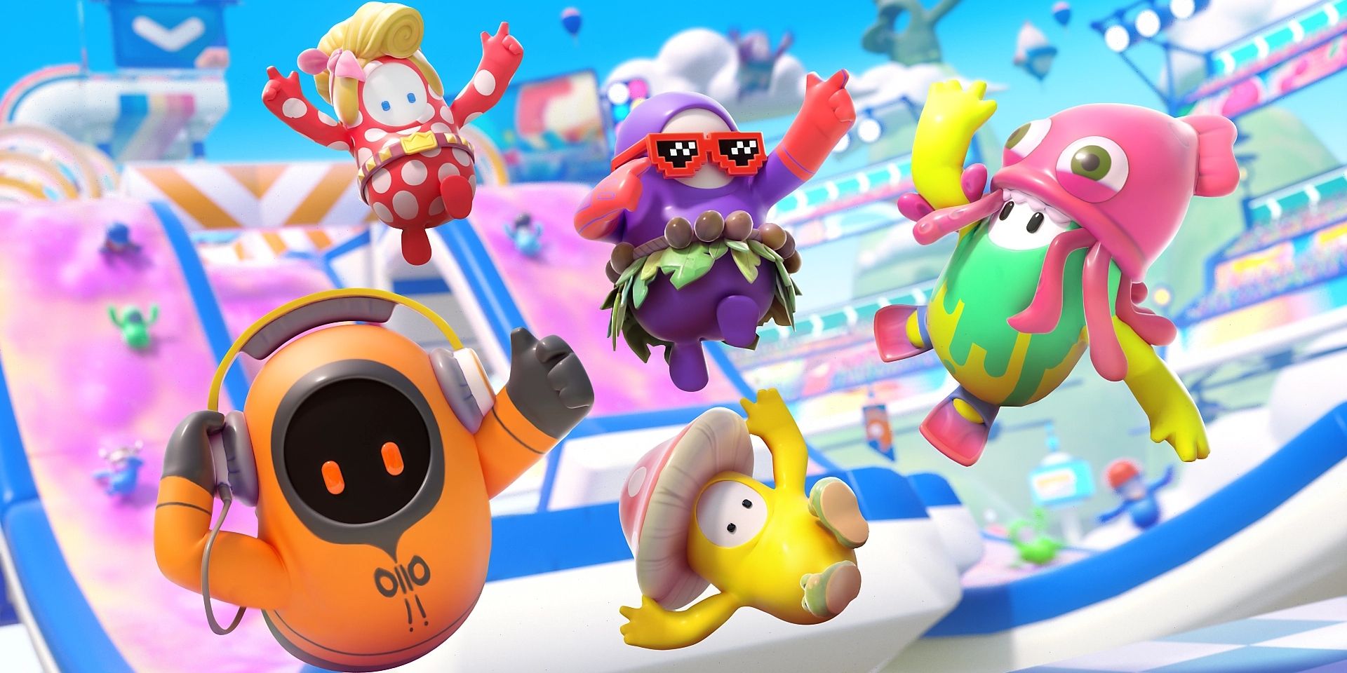 Five Fall Guys jumping in the sky in different colorful costumes in Fall Guys