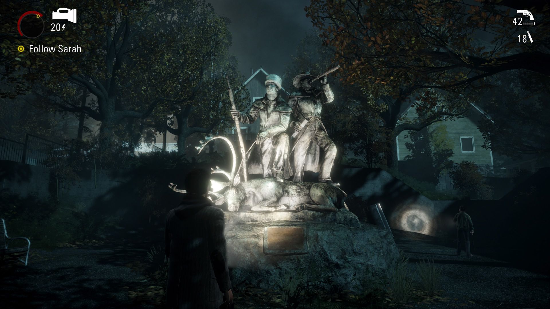 A Statue Of Two Men In Alan Wake