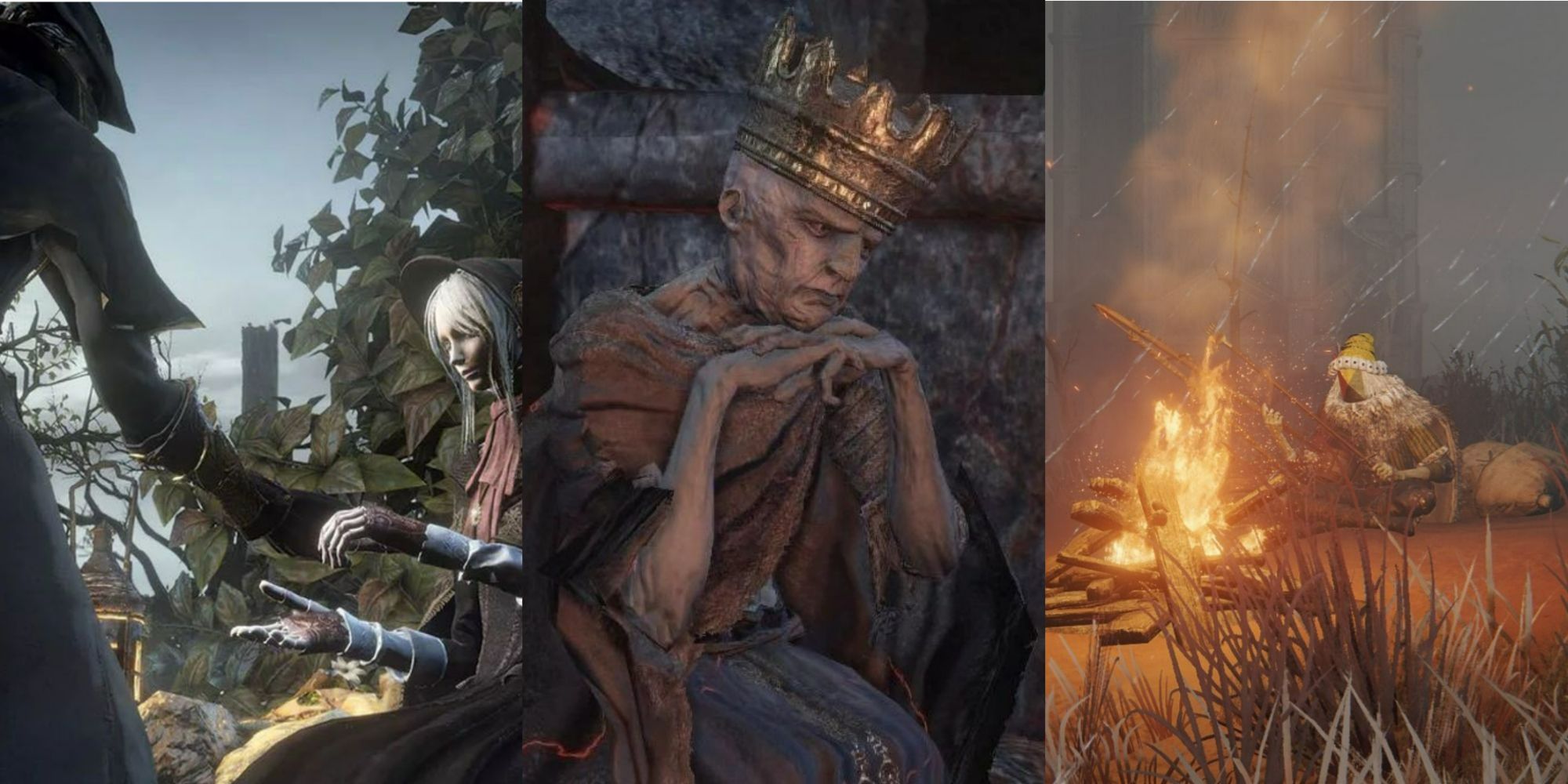 Split image of Doll, Luleth of Courtland and a nomadic merchant in FromSoft games