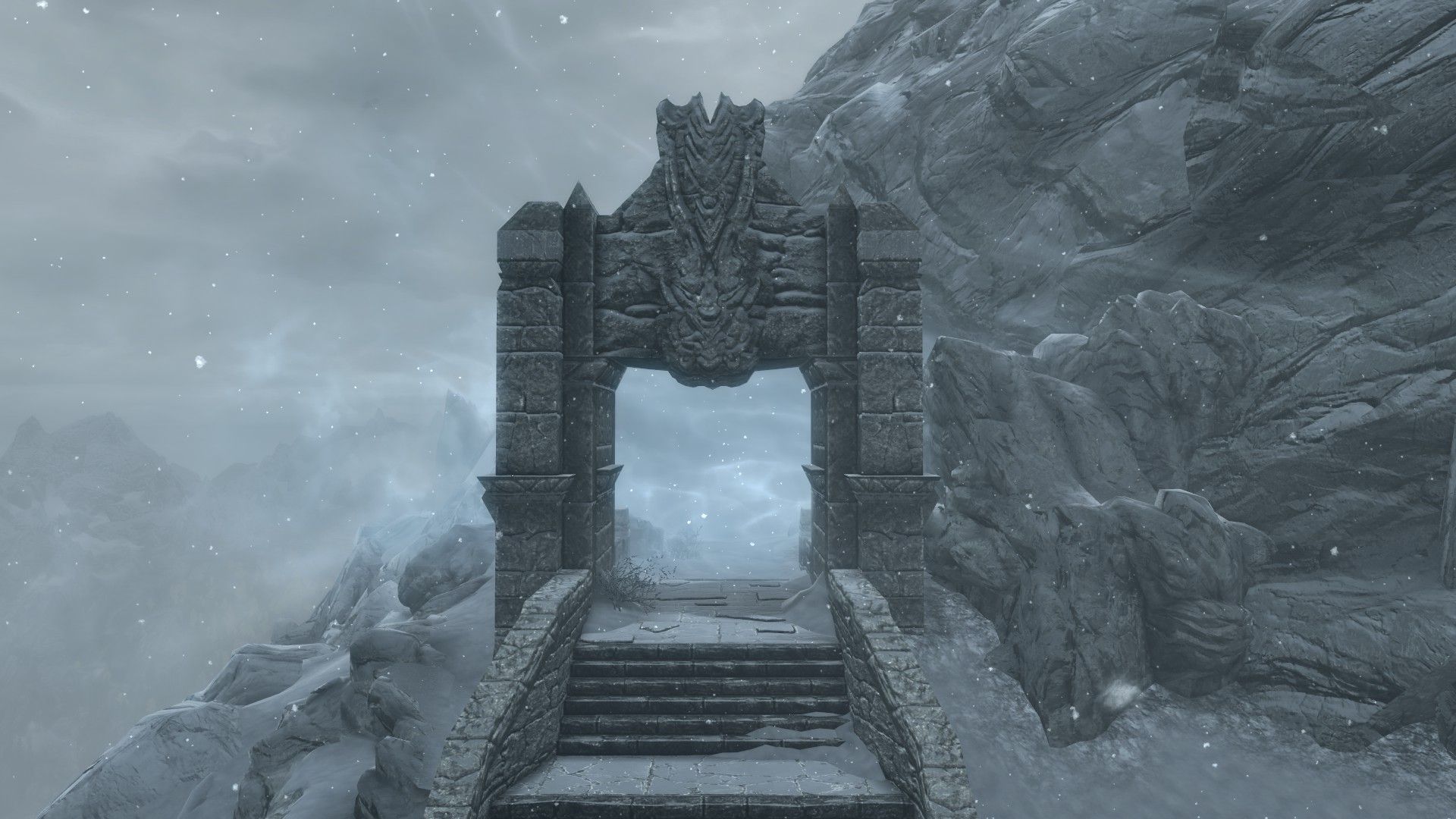 A stone gate with the path through blocked by a dense snowstorm