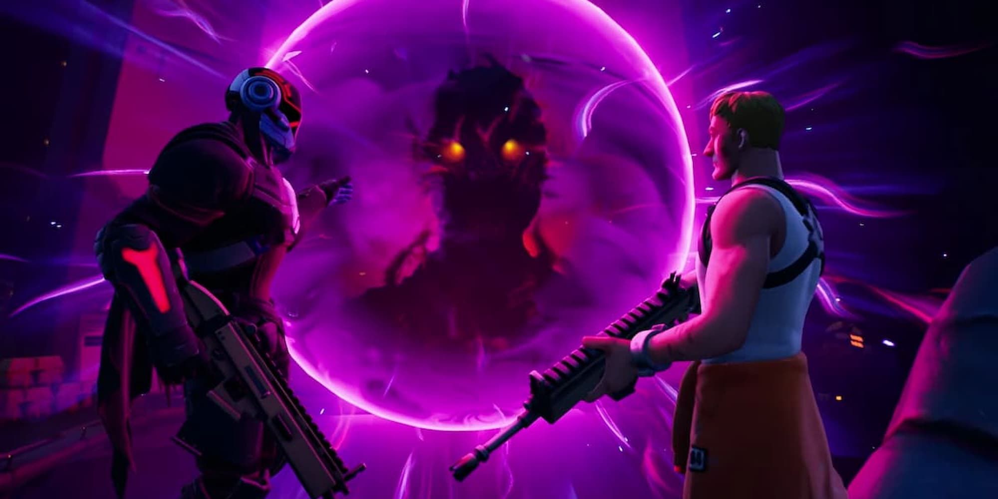 An outline of Geno's face emerges from a portal behind The Foundation and John Jones in Fortnite.