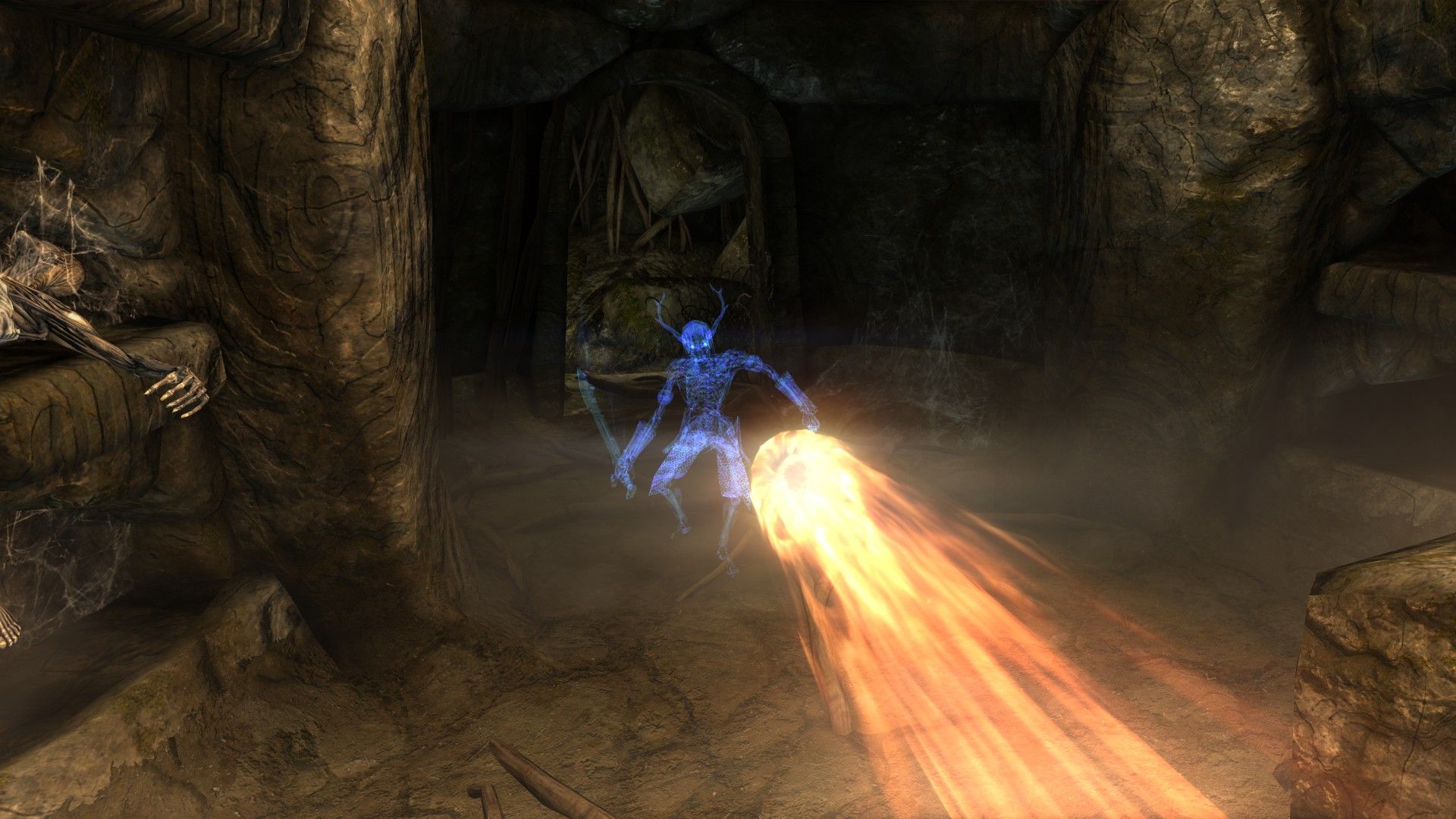 A fireball streaks toward a ghost inside a crypt.