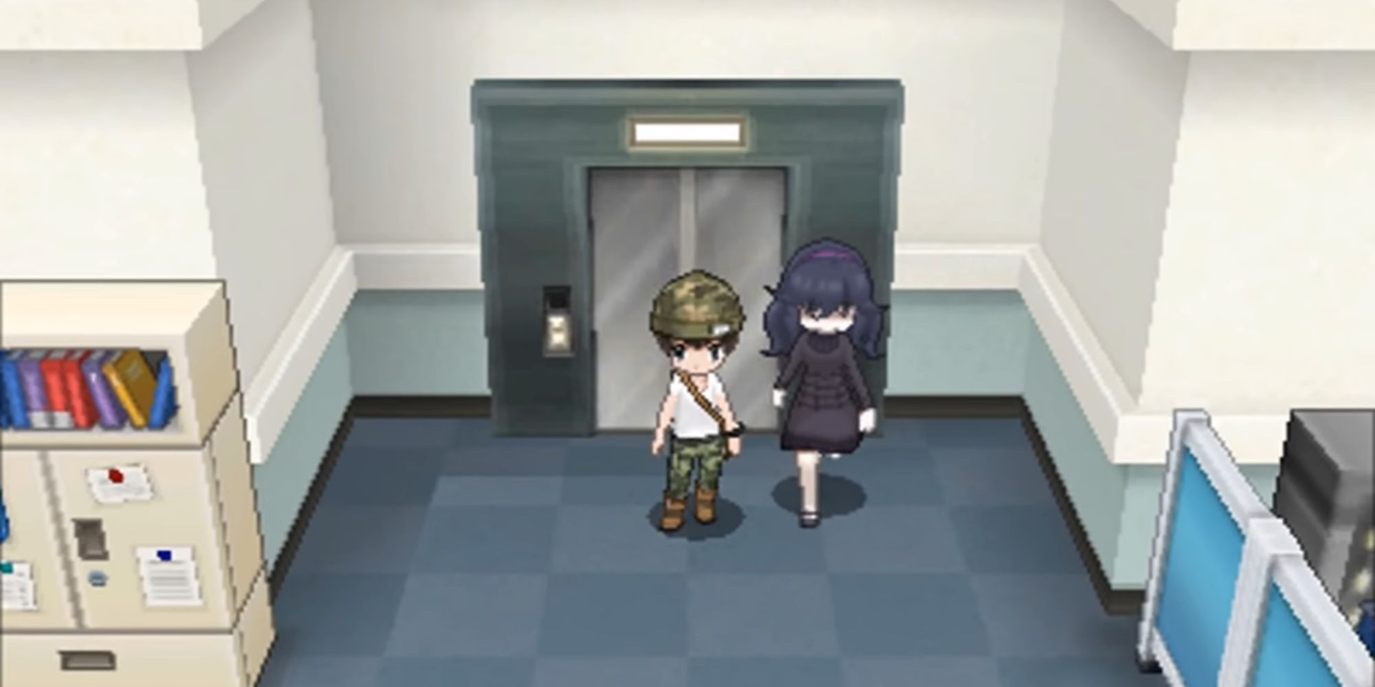 The Ghost Girl walks by a Pokemon Trainer in front of an elevator
