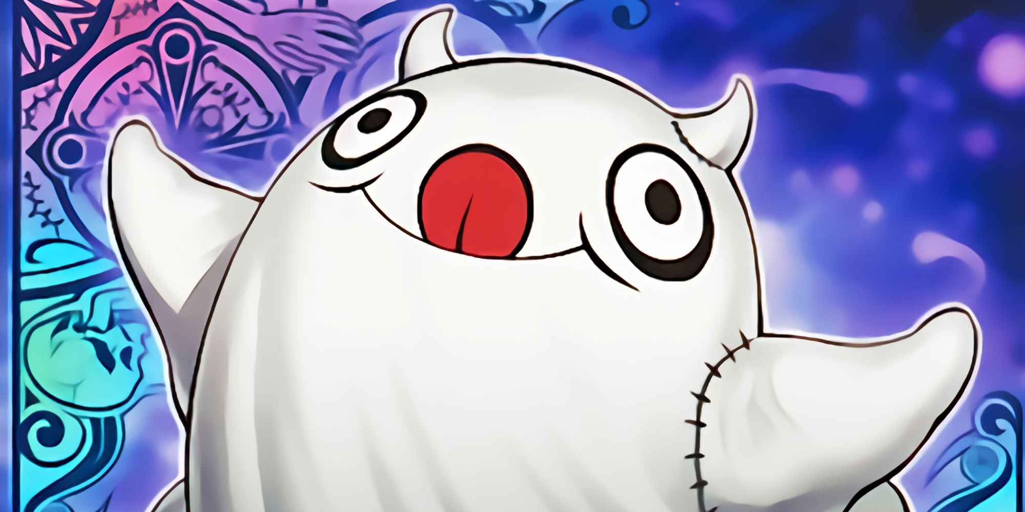 Ghostrick Spectre is a silly little ghost with a body that looks like a white sheet with the arms stitched on, and a big red tongue sticking out.