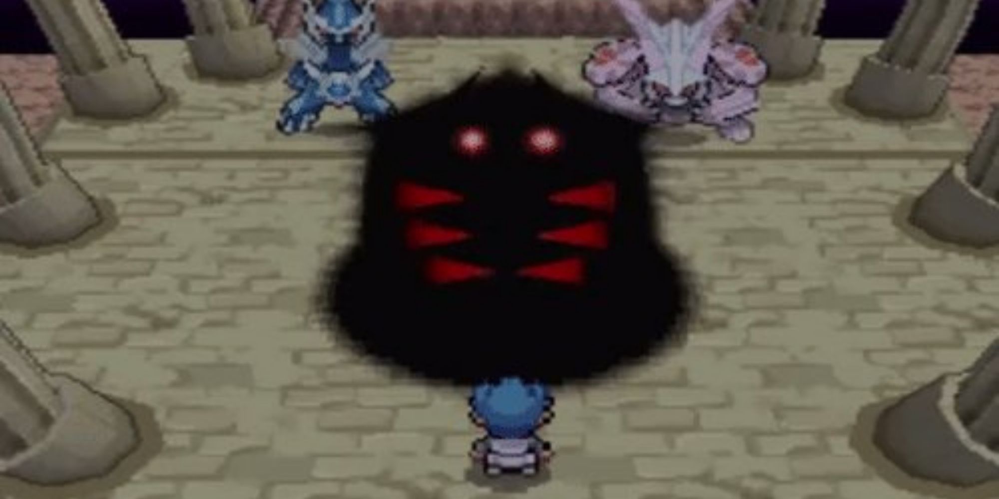 Giratina's shadow rises in front of Palkia, Dialga, and Cyrus