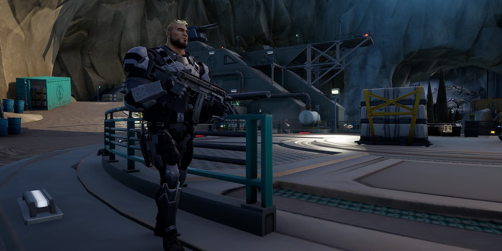 Gunnar walks and guards an IO base in Fortnite.