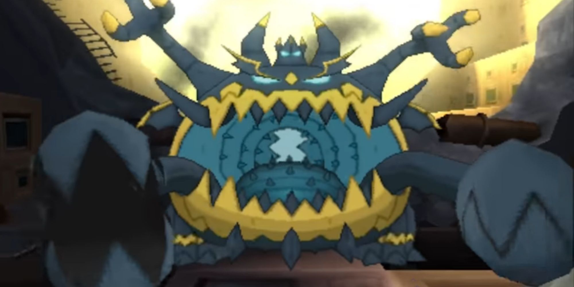 Guzzlord roars in front of a dilapidated city