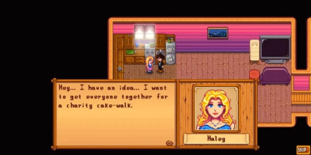 Haley and protagonist during a Heart Event in Stardew Valley