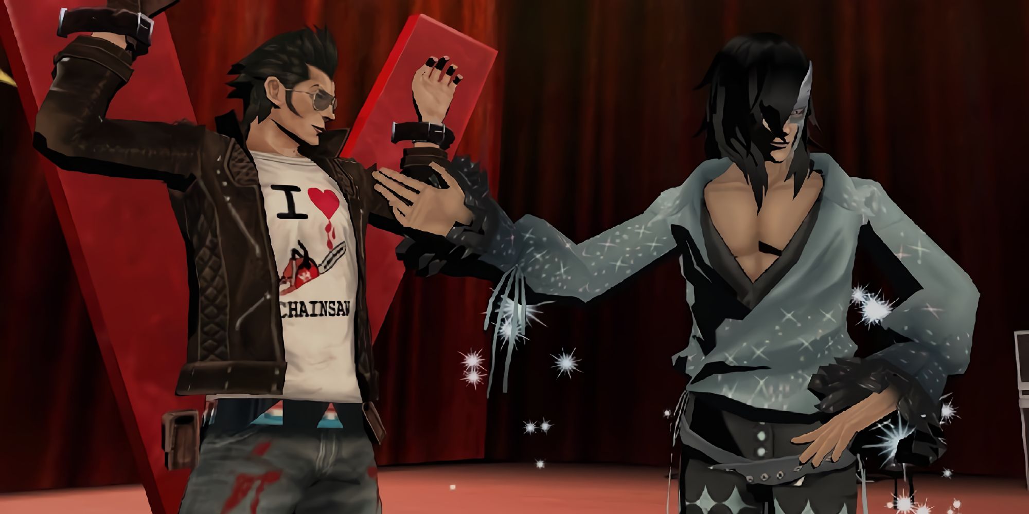 Harvey and Travis performing a magic trick to die for in No More Heroes.
