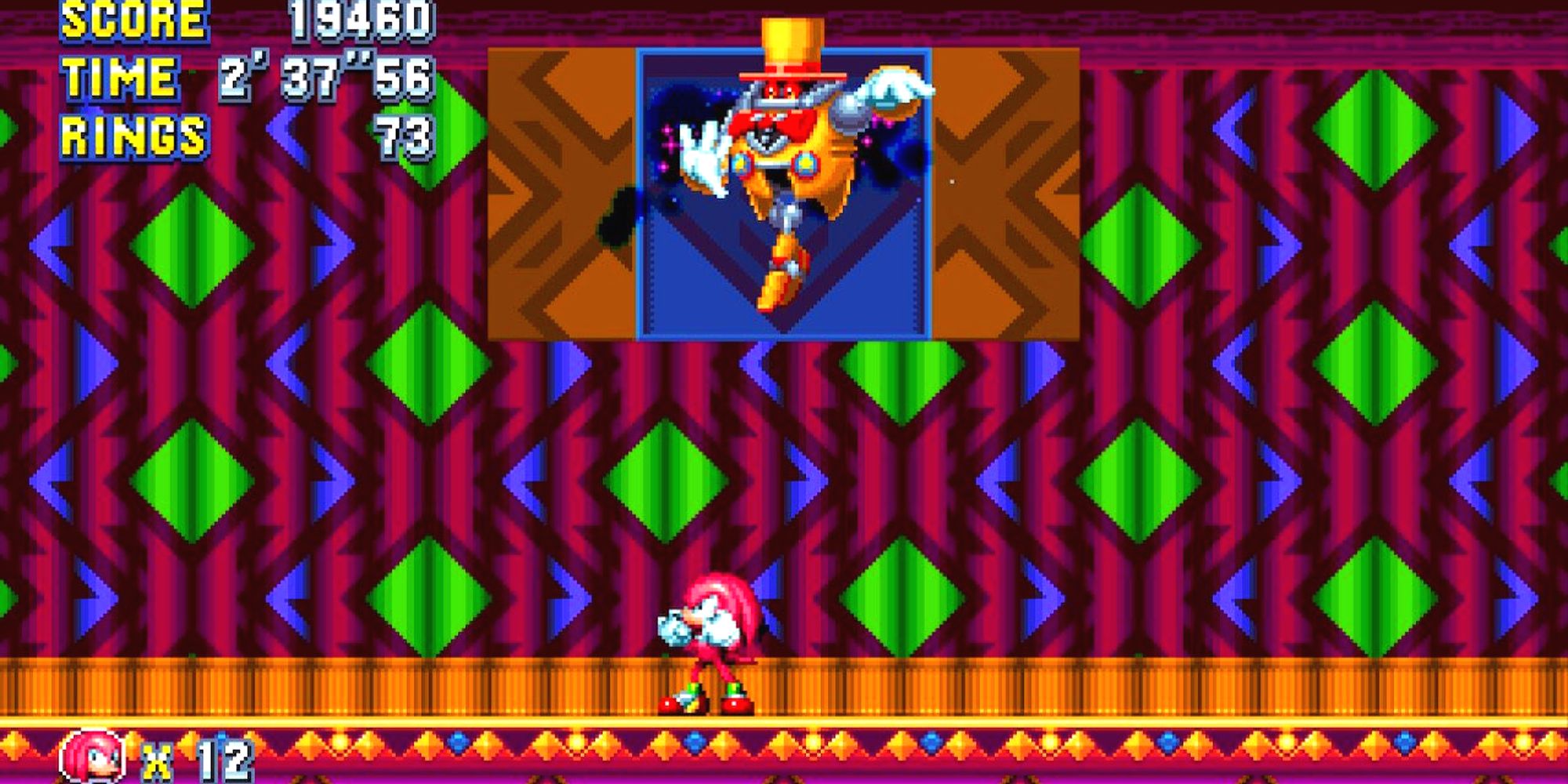 Knuckles faces off against the Heavy Magician in Sonic Mania on a stage with a bright, raspberry-pink curtain with neon green rhombuses.