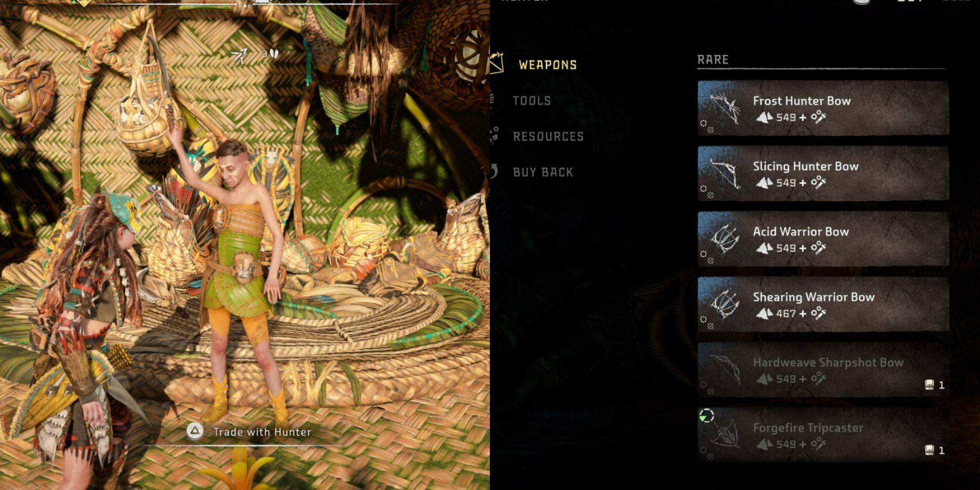 Horizon Forbidden West Shop split image with hunter and weapons menu