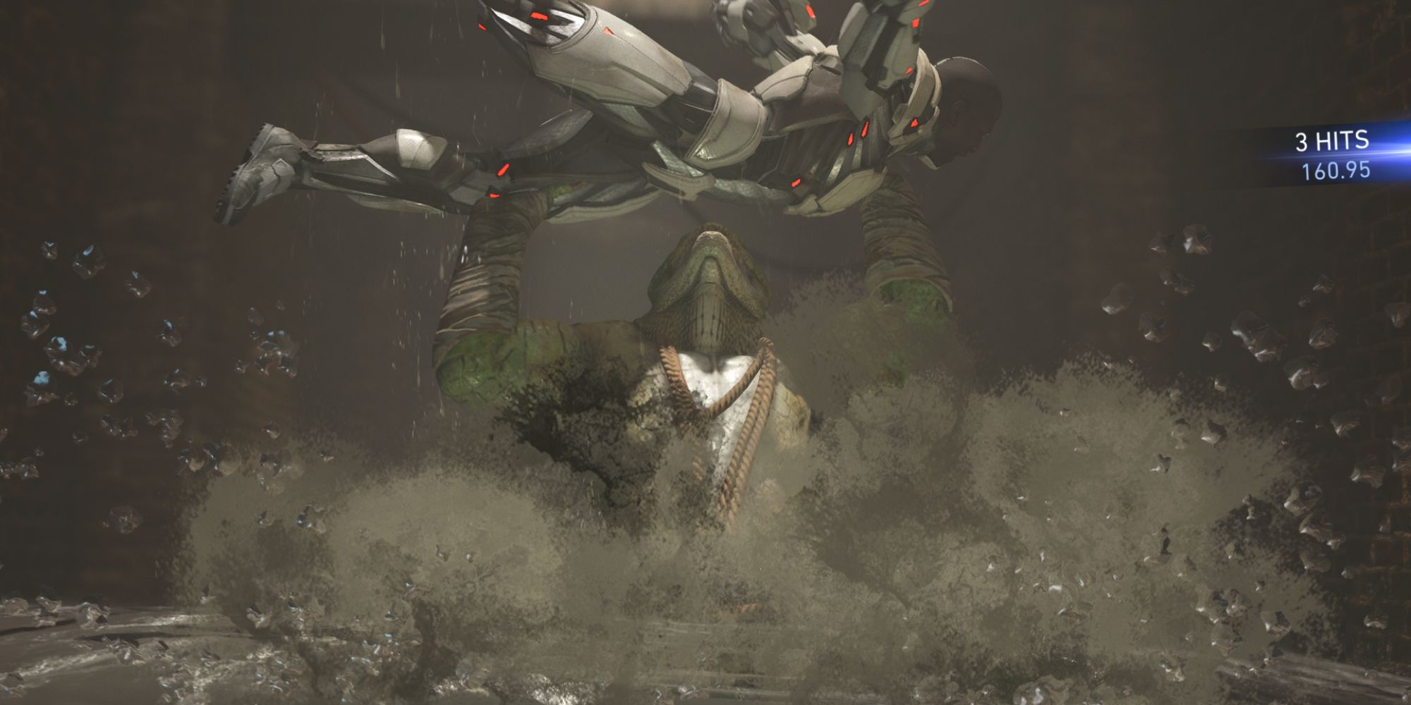 Injustice 2 Screenshot Of Batcave Transition Croc Picking Up Cyborg