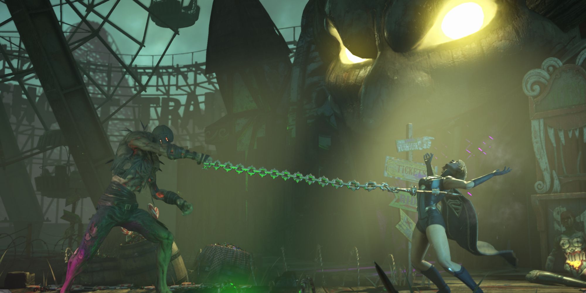 Injustice 2 Screnshot Of The Joker's Playground Scarecrow Grabbing Supergirl