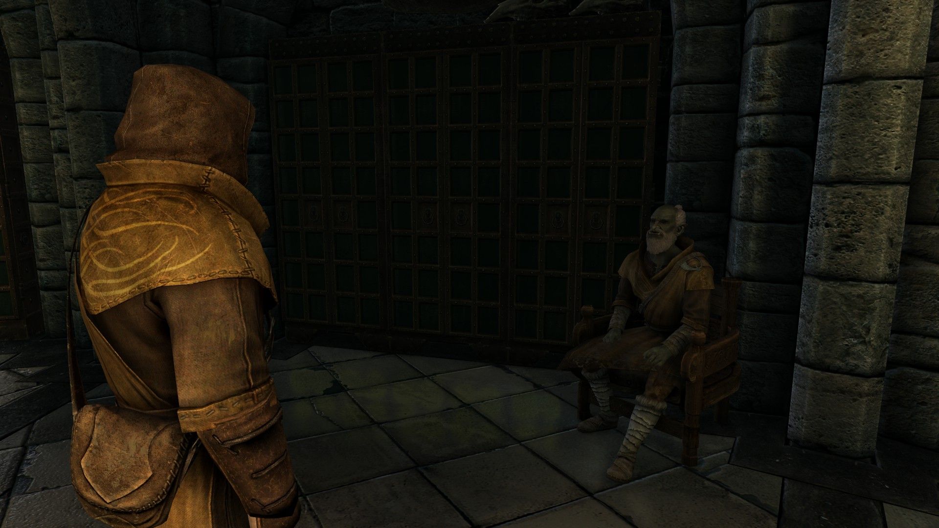 A robed student speaks to an orc librarian in a magical university 