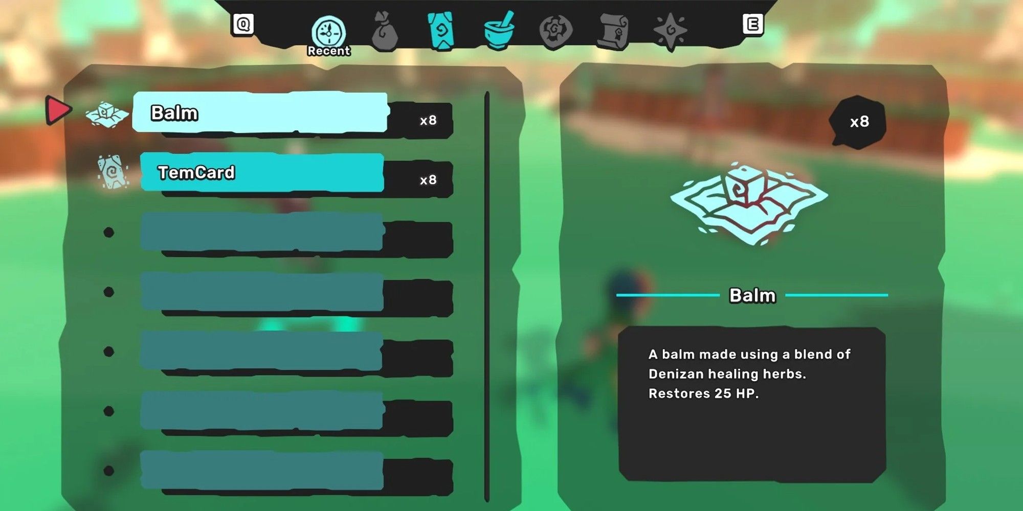 Temtem Recent Items Screen with Balms and TemCards