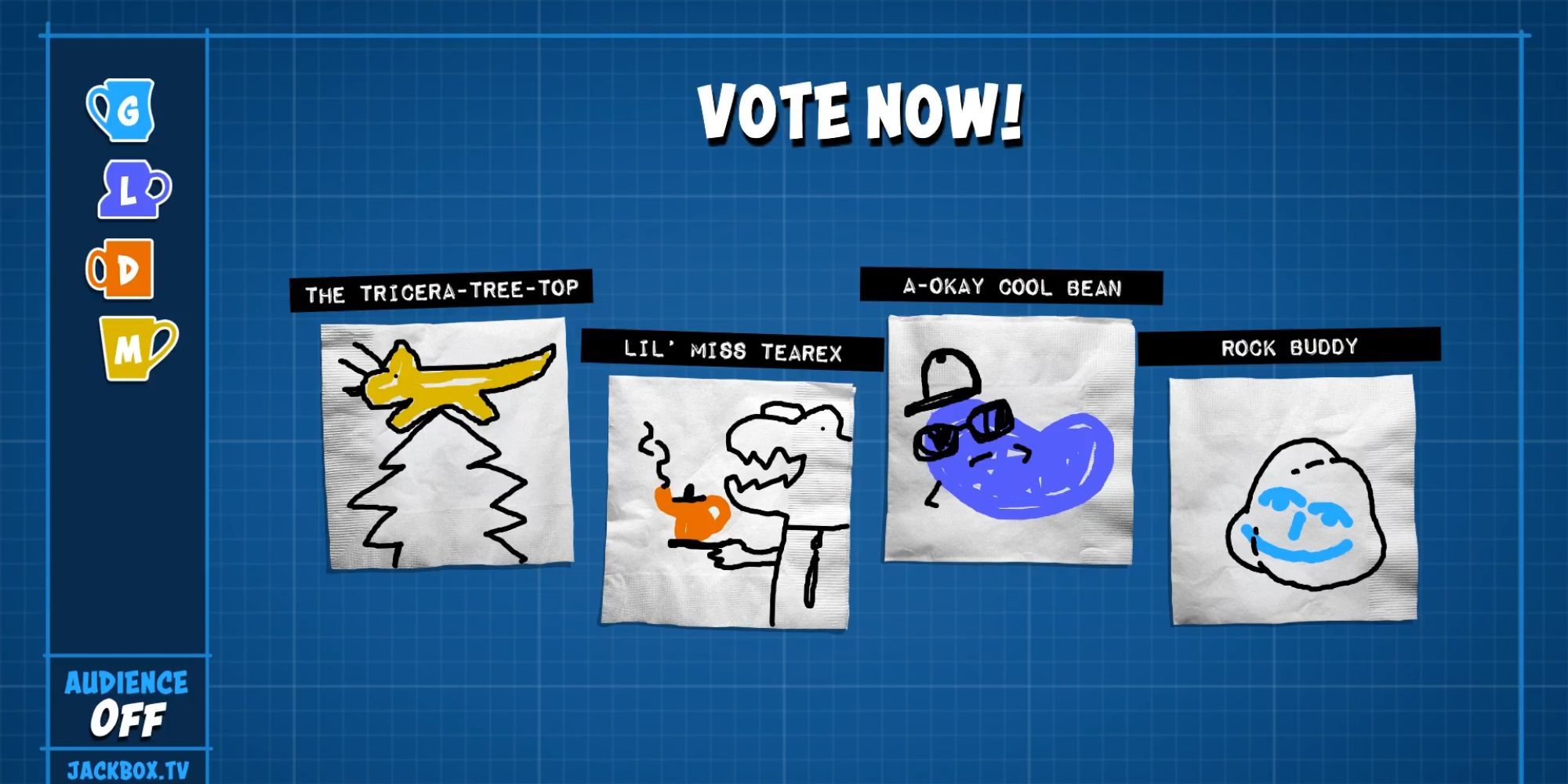 Players voting on their favourite pitches in Patently Stupid in Jackbox Party Pack 5