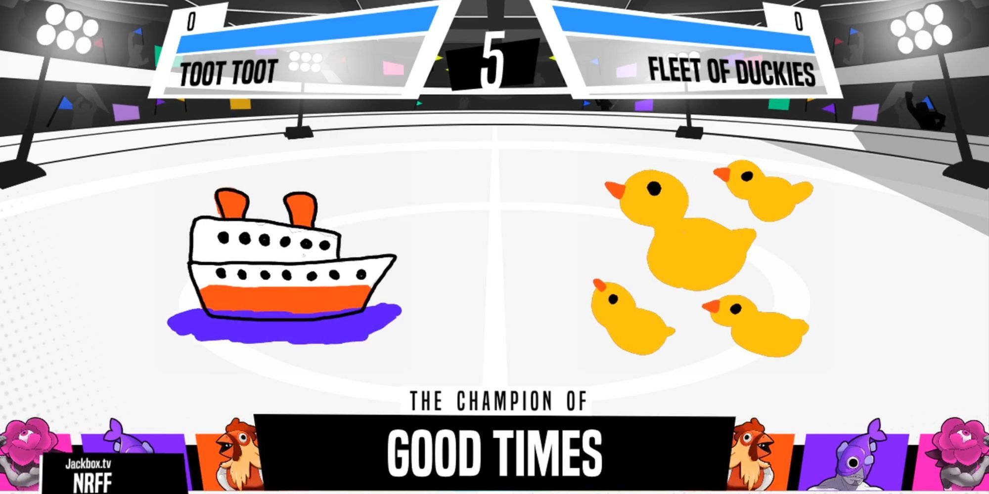 A boat vs a fleet of ducks in Champ'd Up in Jackbox Party Pack 7