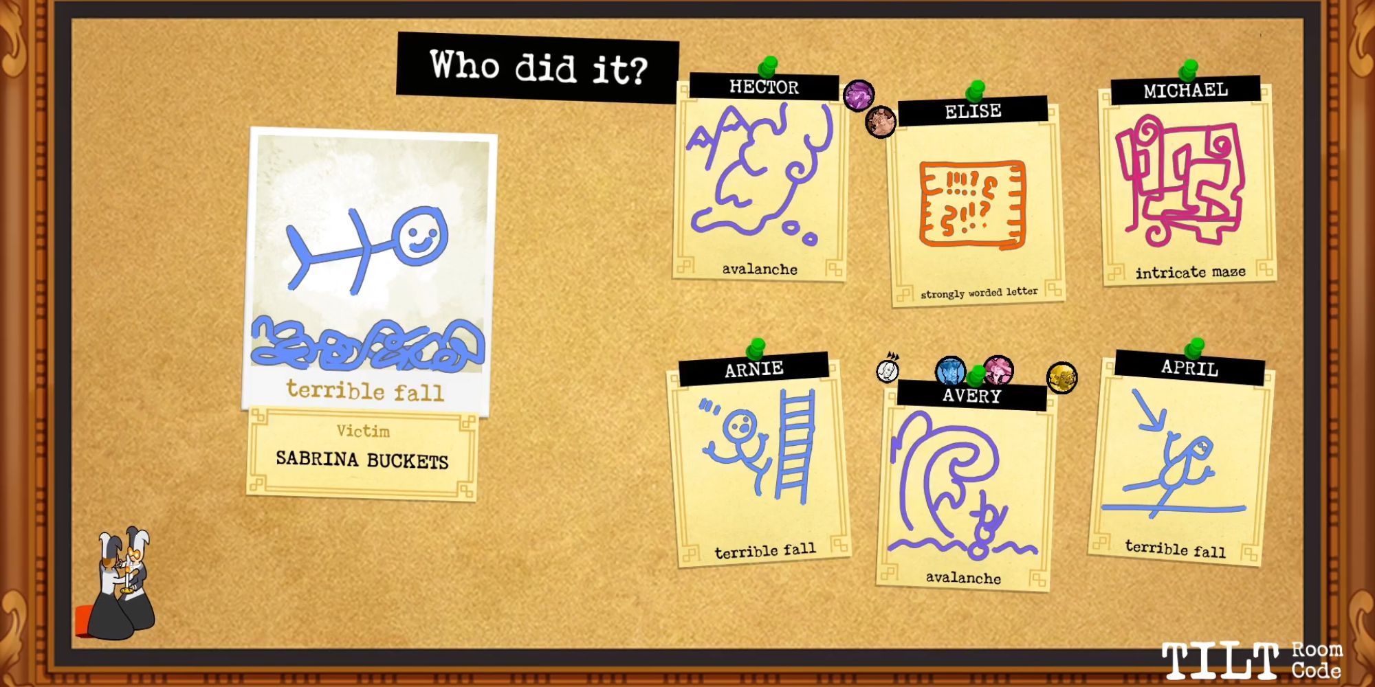 The crime scene drawings during Weapons Drawn in Jackbox Party Pack 8