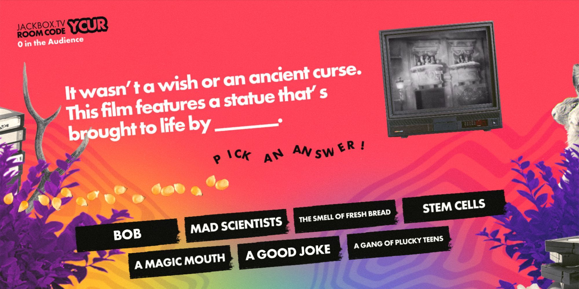 A photo Question with a selection of lies and one truth in Fibbage 4 in Jackbox Party Pack 9 