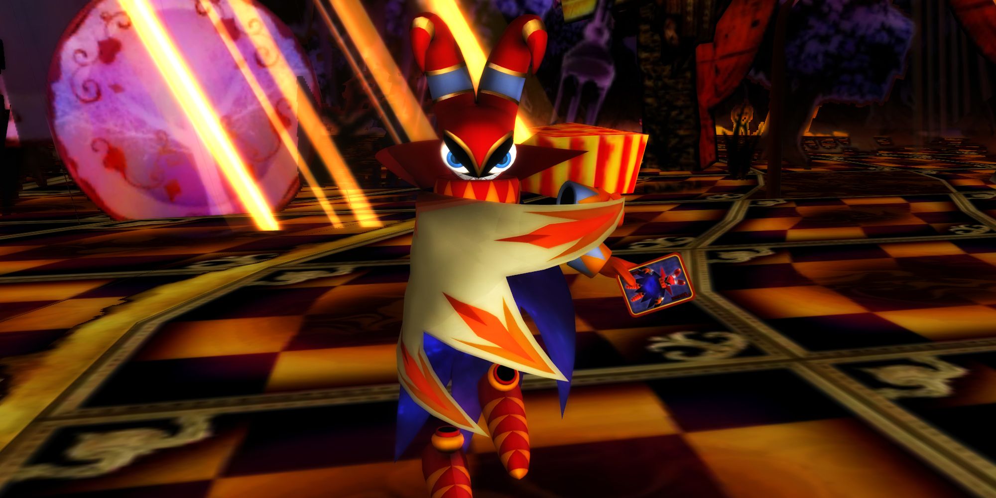 Jackle hovering in his nightmare world of checkered black and orange floor tiles,