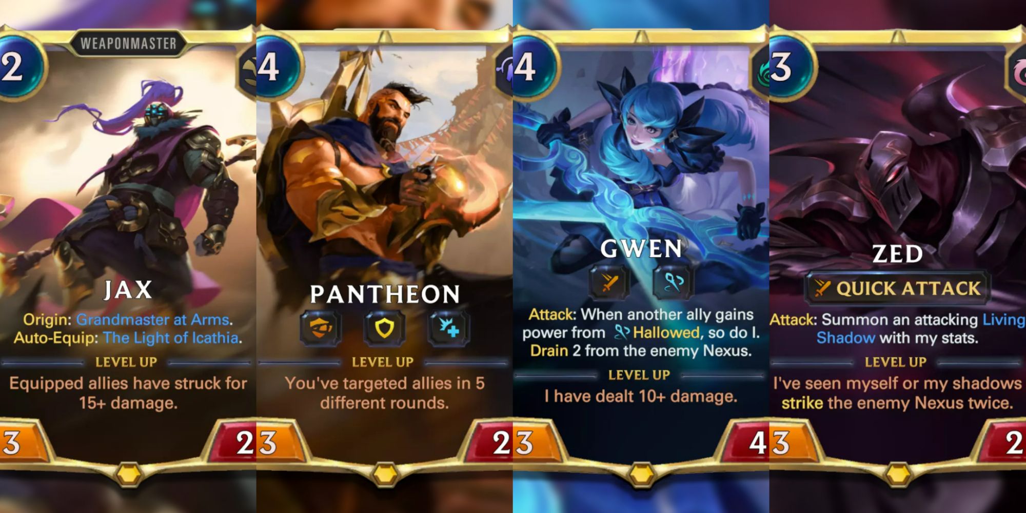 Legends of Runeterra split image of Jax, Pantheon, Gwen, and Zed champion cards