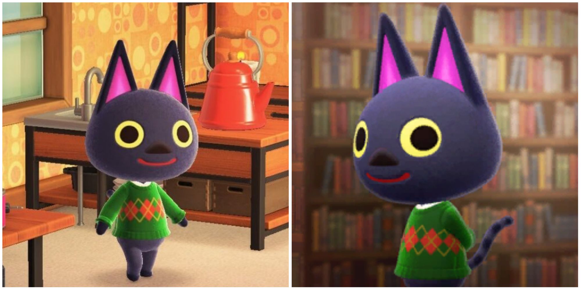 Split image screenshots of Kiki from Animal Crossing.