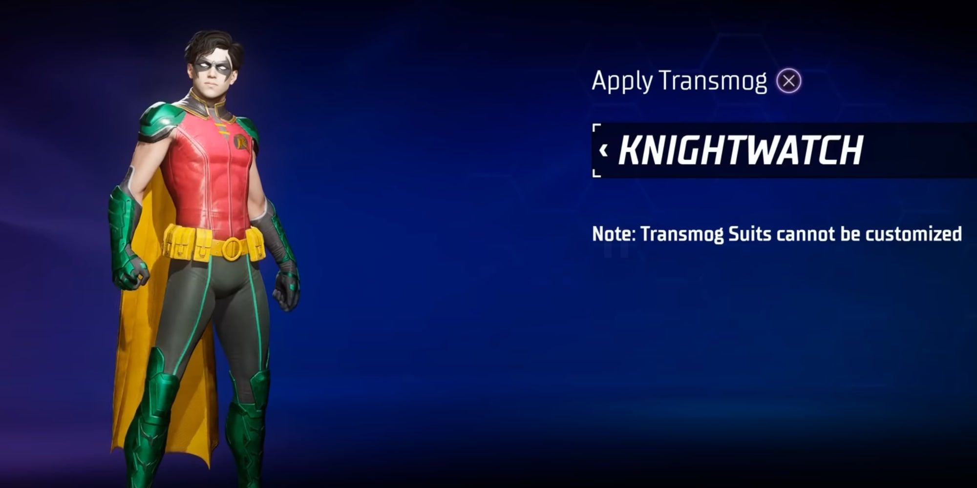 Gotham Knights: Robin Knightwatch Costume with blue background and info text