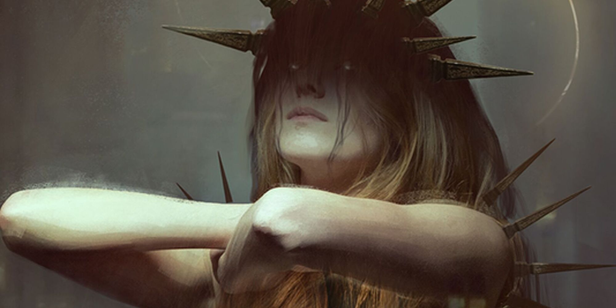 An angelic feminine figure with long hair and glowing eyes faces the viewer, her arms crossed